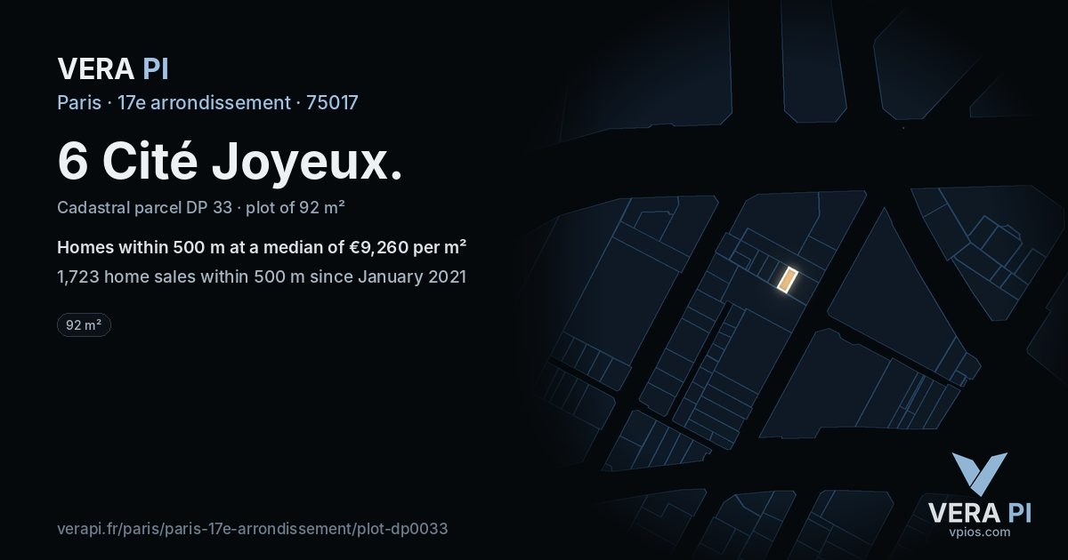 6 Cité Joyeux, 17e arrondissement at night – the plot lit, the parcels around coloured by the prices near them