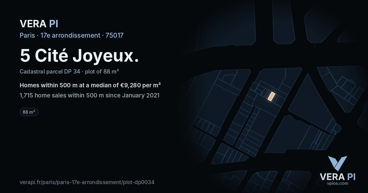5 Cité Joyeux, 17e arrondissement at night – the plot lit, the parcels around coloured by the prices near them