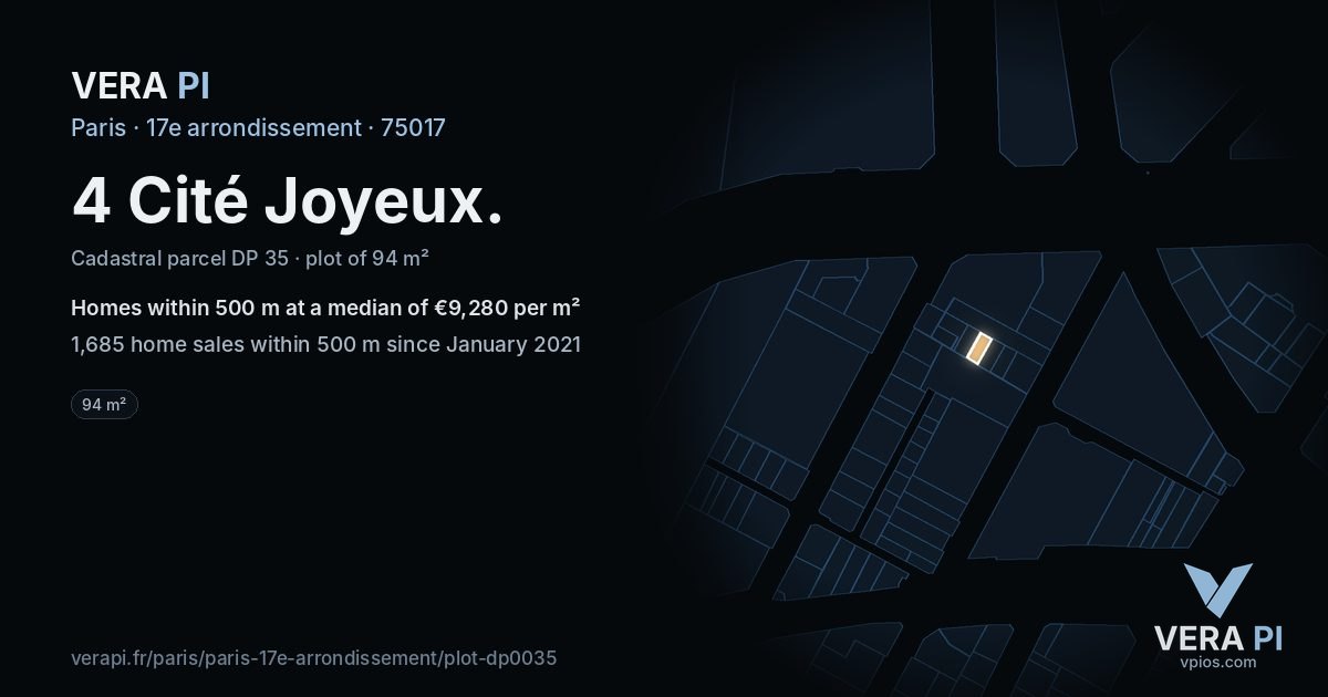 4 Cité Joyeux, 17e arrondissement at night – the plot lit, the parcels around coloured by the prices near them