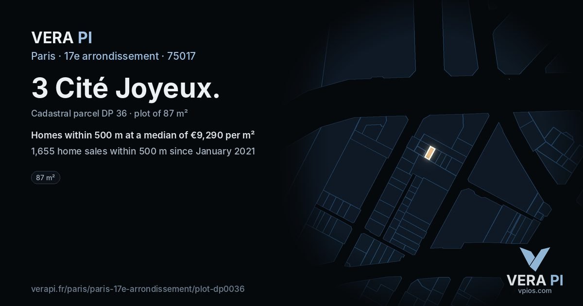 3 Cité Joyeux, 17e arrondissement at night – the plot lit, the parcels around coloured by the prices near them