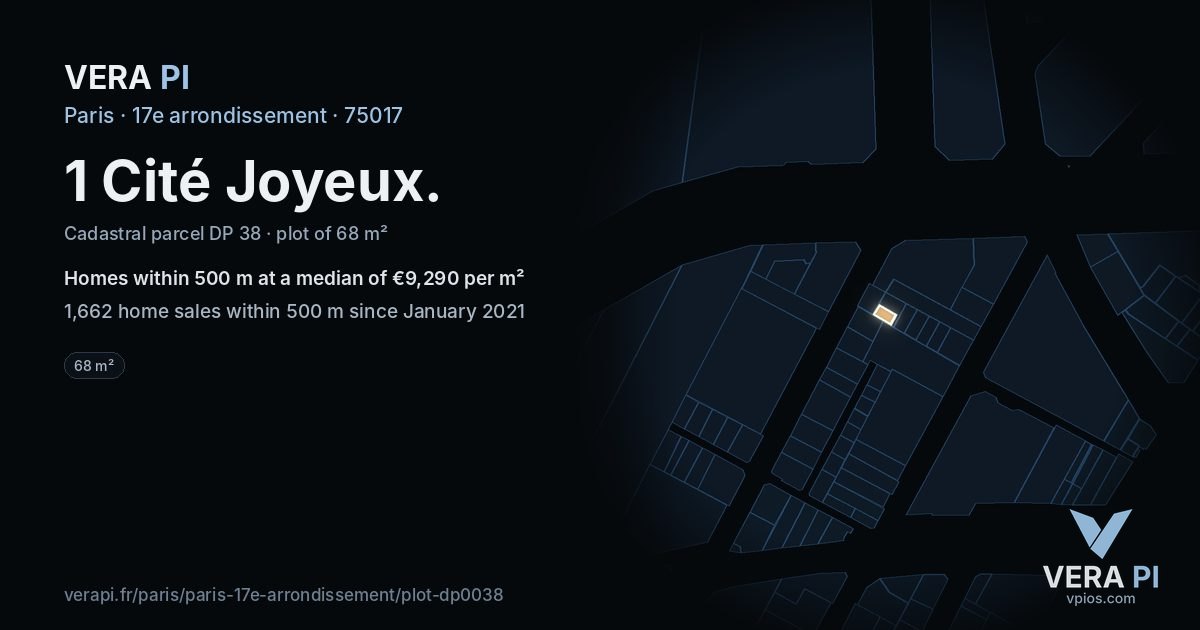 1 Cité Joyeux, 17e arrondissement at night – the plot lit, the parcels around coloured by the prices near them