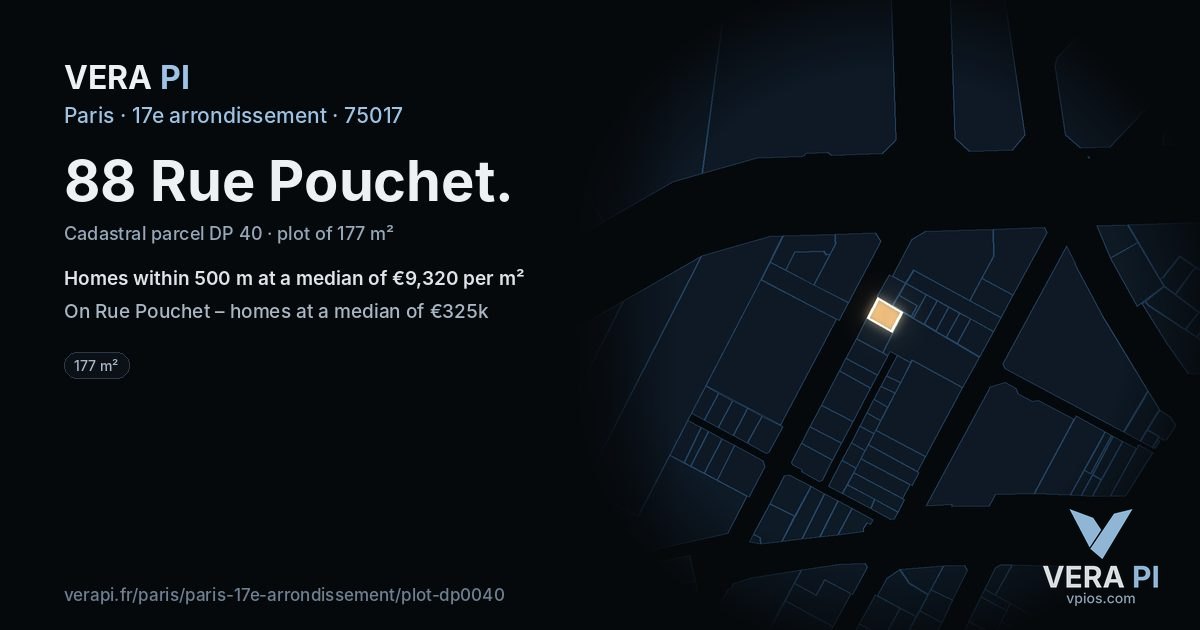 88 Rue Pouchet, 17e arrondissement at night – the plot lit, the parcels around coloured by the prices near them