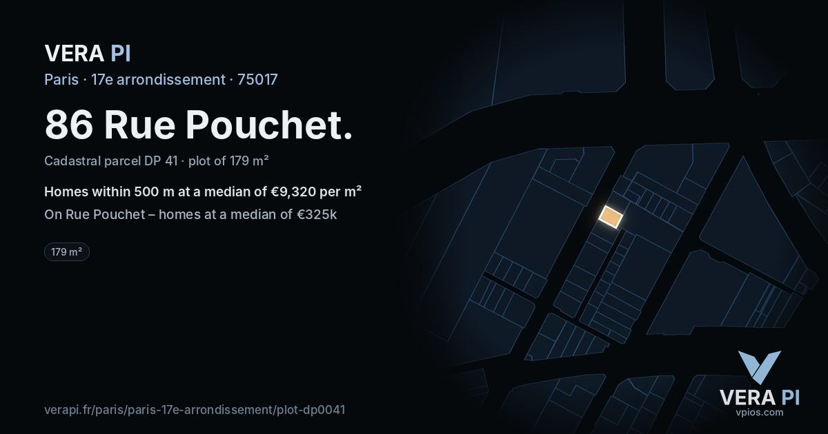86 Rue Pouchet, 17e arrondissement at night – the plot lit, the parcels around coloured by the prices near them