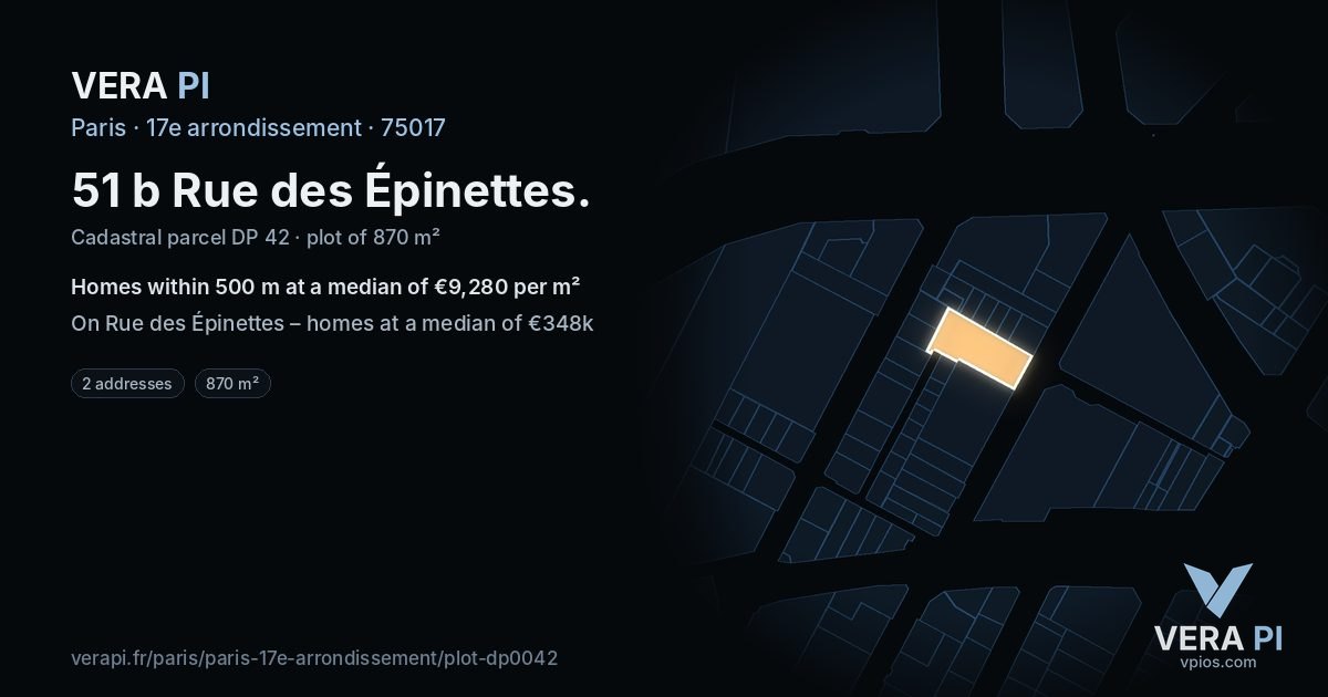 51 b Rue des Épinettes, 17e arrondissement at night – the plot lit, the parcels around coloured by the prices near them