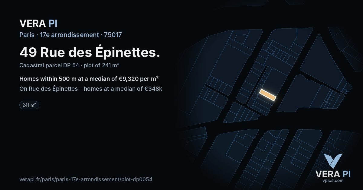 49 Rue des Épinettes, 17e arrondissement at night – the plot lit, the parcels around coloured by the prices near them