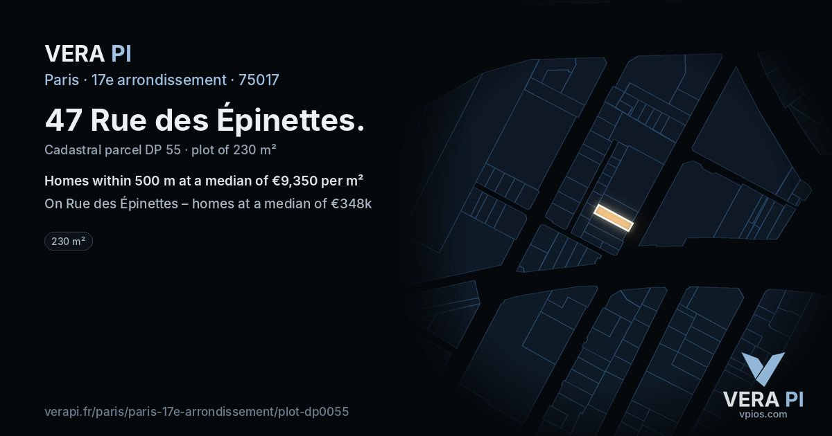 47 Rue des Épinettes, 17e arrondissement at night – the plot lit, the parcels around coloured by the prices near them