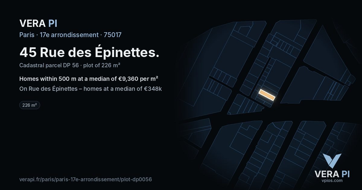 45 Rue des Épinettes, 17e arrondissement at night – the plot lit, the parcels around coloured by the prices near them