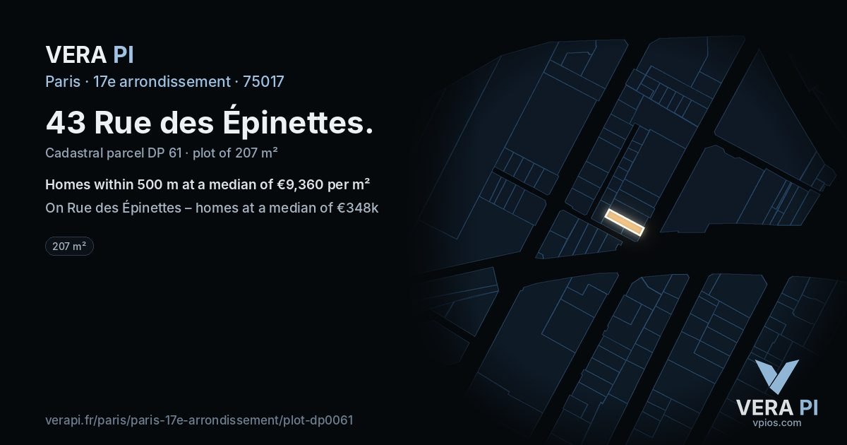 43 Rue des Épinettes, 17e arrondissement at night – the plot lit, the parcels around coloured by the prices near them