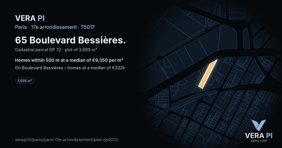 65 Boulevard Bessières, 17e arrondissement at night – the plot lit, the parcels around coloured by the prices near them
