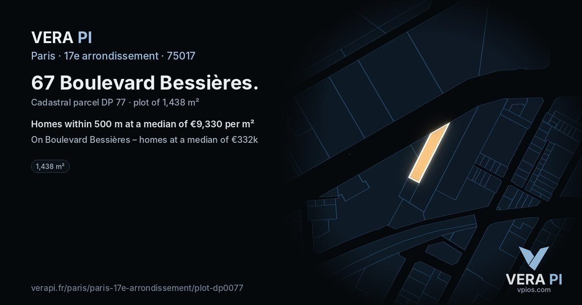 67 Boulevard Bessières, 17e arrondissement at night – the plot lit, the parcels around coloured by the prices near them