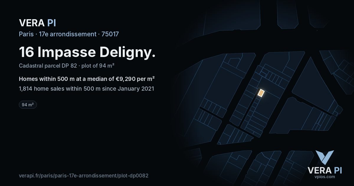 16 Impasse Deligny, 17e arrondissement at night – the plot lit, the parcels around coloured by the prices near them