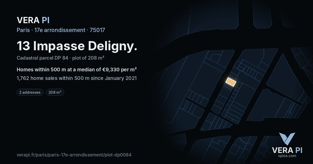13 Impasse Deligny, 17e arrondissement at night – the plot lit, the parcels around coloured by the prices near them