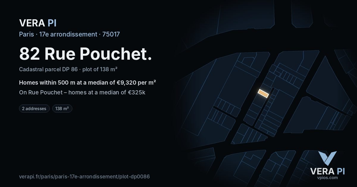 82 Rue Pouchet, 17e arrondissement at night – the plot lit, the parcels around coloured by the prices near them