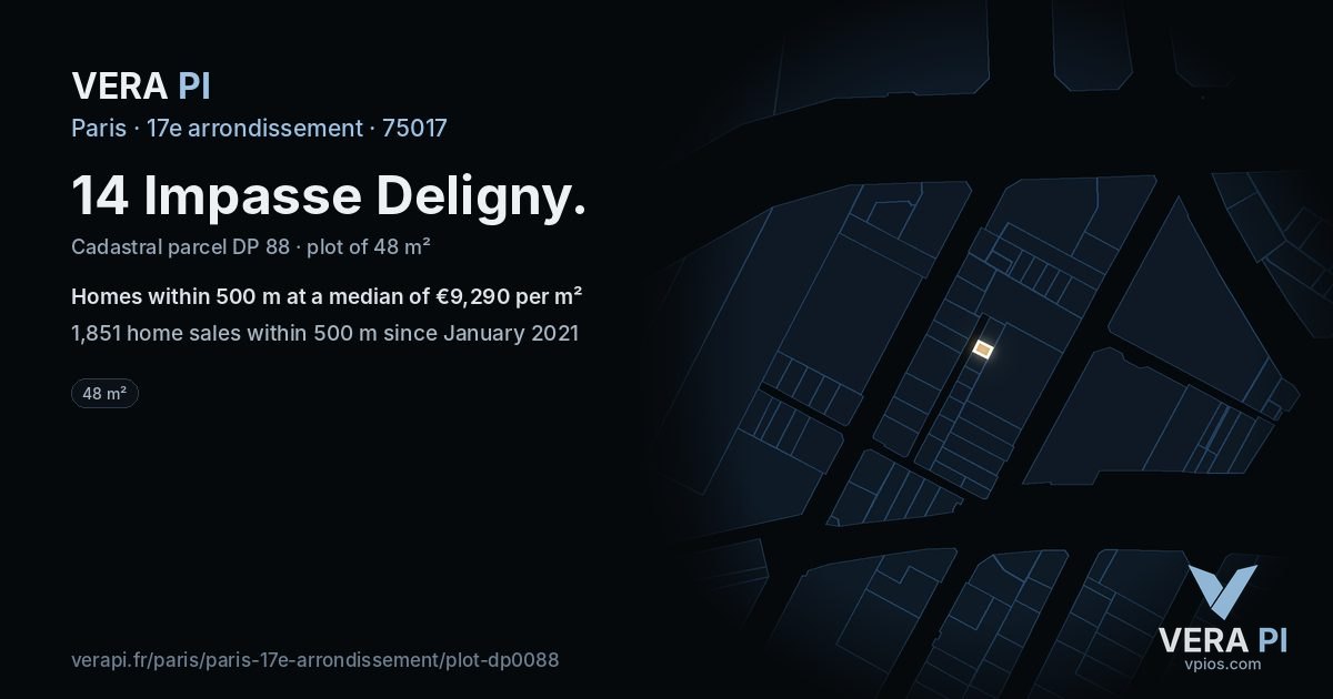 14 Impasse Deligny, 17e arrondissement at night – the plot lit, the parcels around coloured by the prices near them