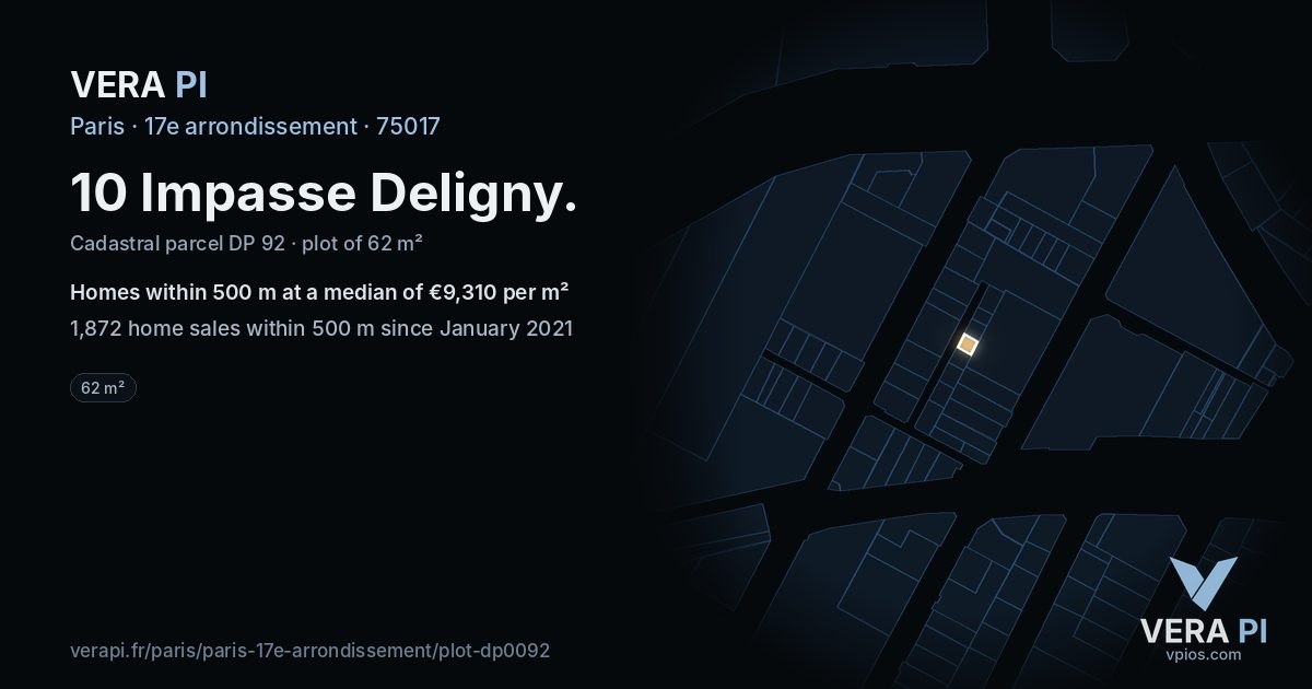 10 Impasse Deligny, 17e arrondissement at night – the plot lit, the parcels around coloured by the prices near them