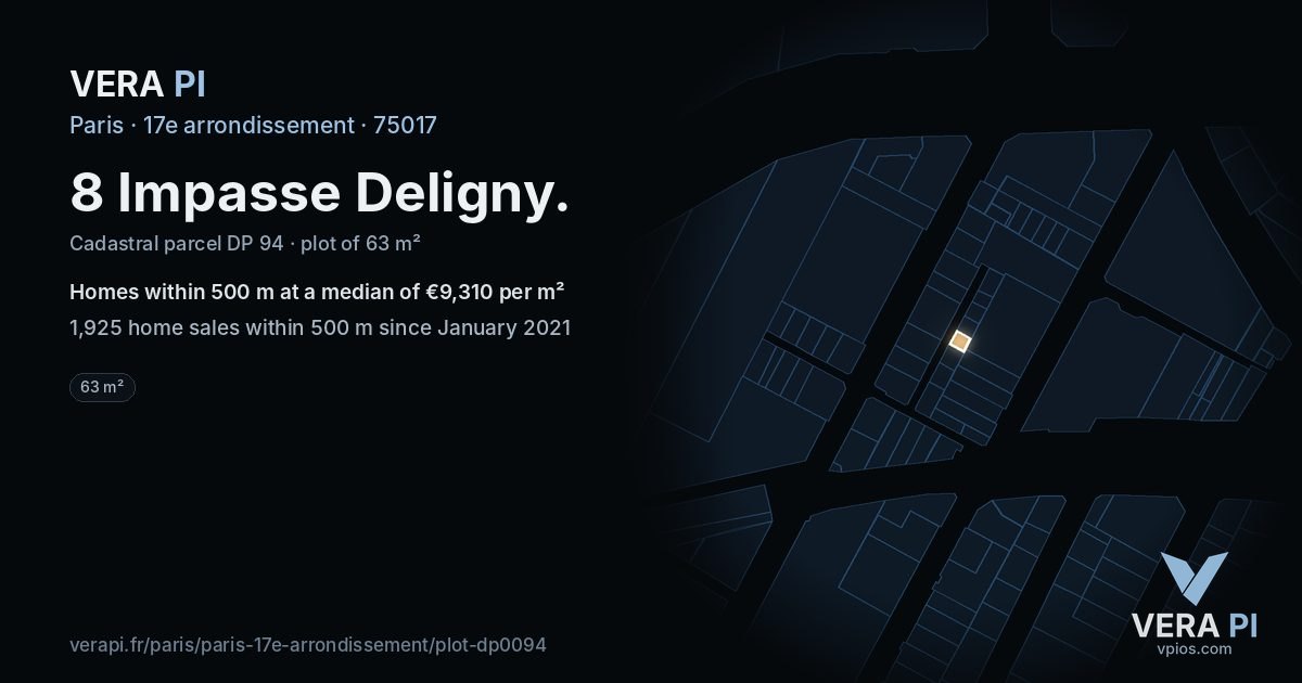 8 Impasse Deligny, 17e arrondissement at night – the plot lit, the parcels around coloured by the prices near them