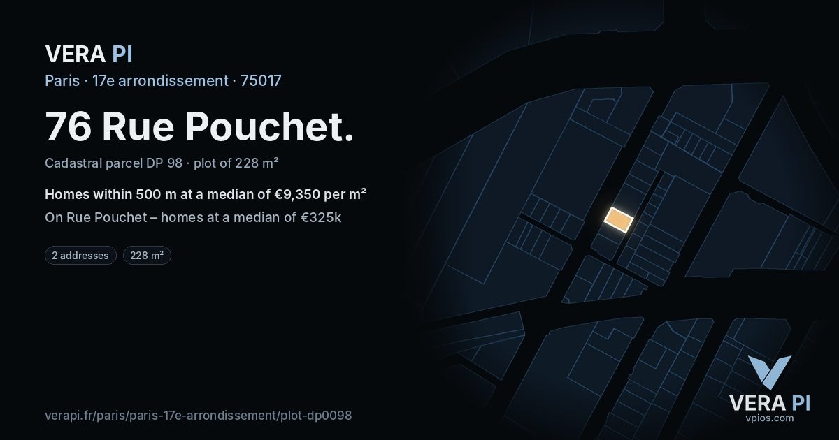 76 Rue Pouchet, 17e arrondissement at night – the plot lit, the parcels around coloured by the prices near them