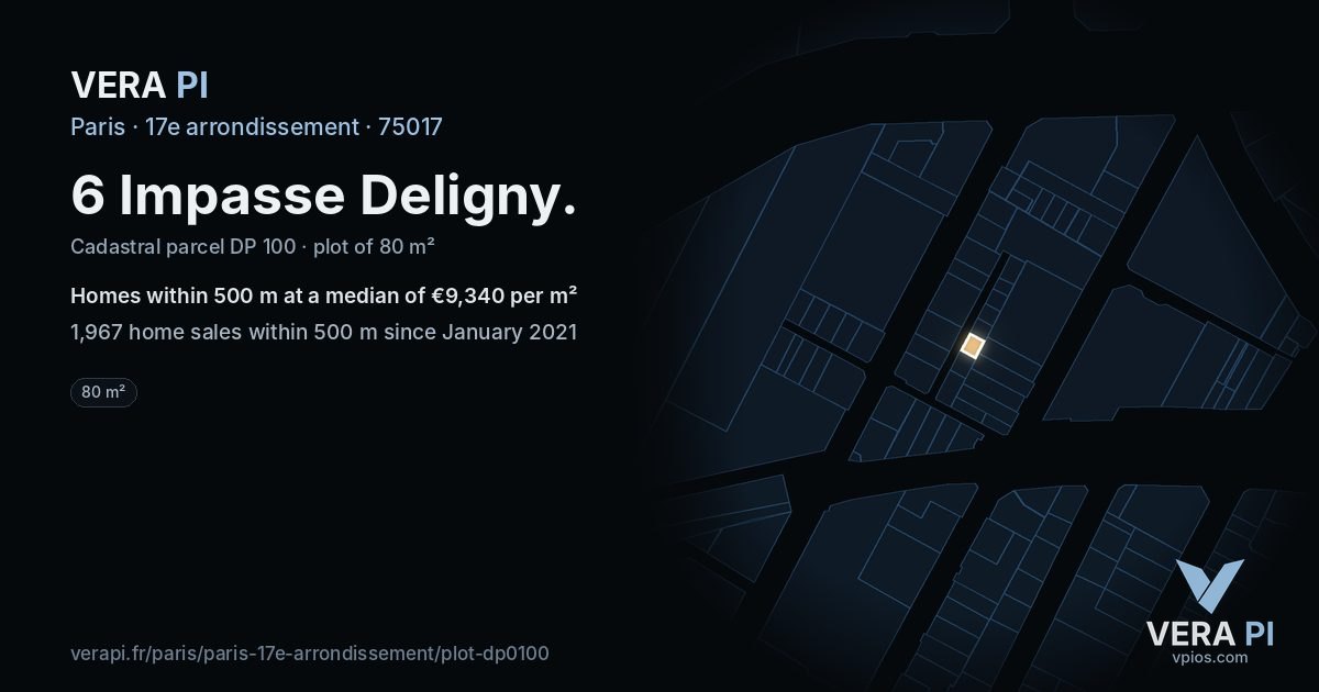 6 Impasse Deligny, 17e arrondissement at night – the plot lit, the parcels around coloured by the prices near them