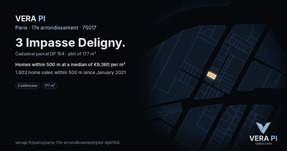 3 Impasse Deligny, 17e arrondissement at night – the plot lit, the parcels around coloured by the prices near them