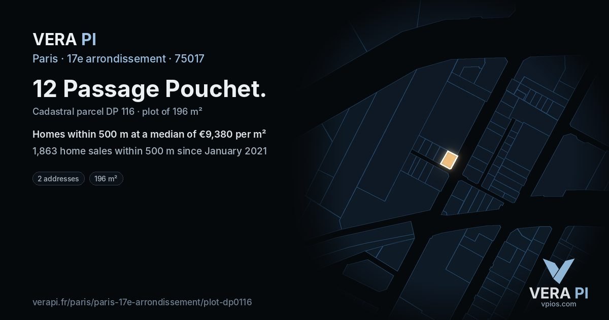 12 Passage Pouchet, 17e arrondissement at night – the plot lit, the parcels around coloured by the prices near them