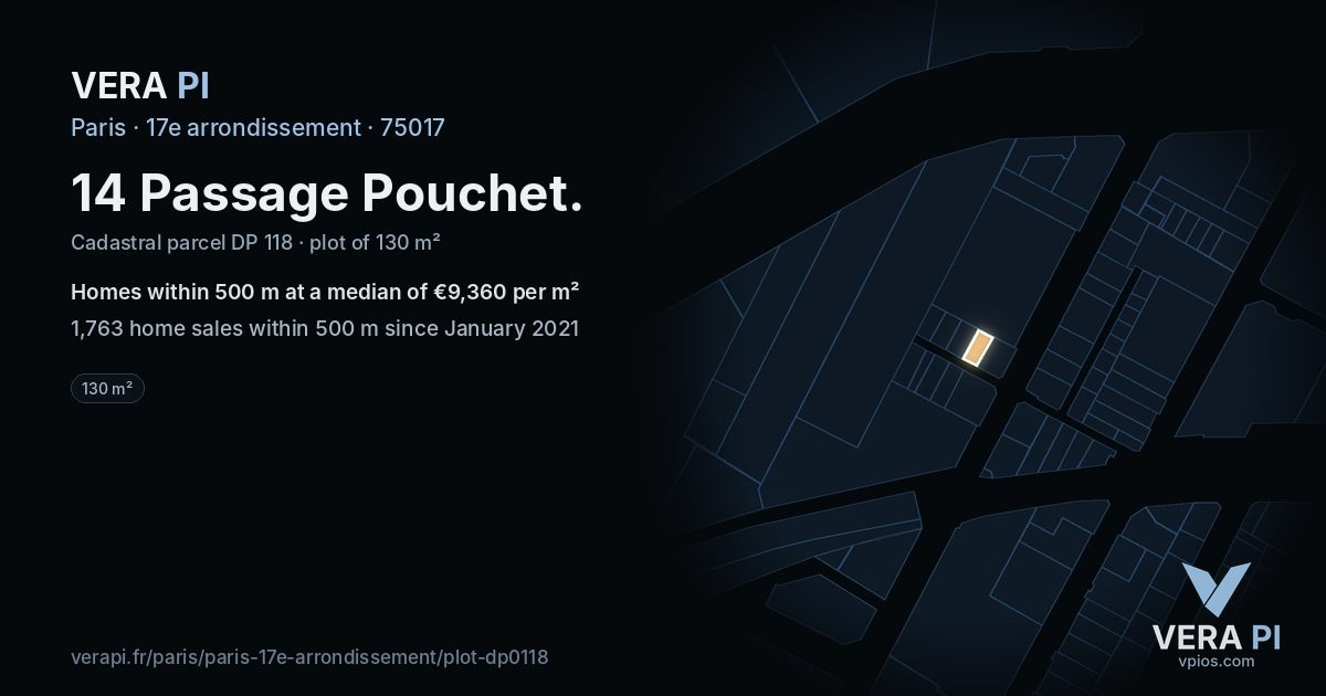14 Passage Pouchet, 17e arrondissement at night – the plot lit, the parcels around coloured by the prices near them