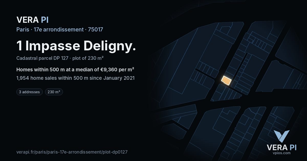 1 Impasse Deligny, 17e arrondissement at night – the plot lit, the parcels around coloured by the prices near them