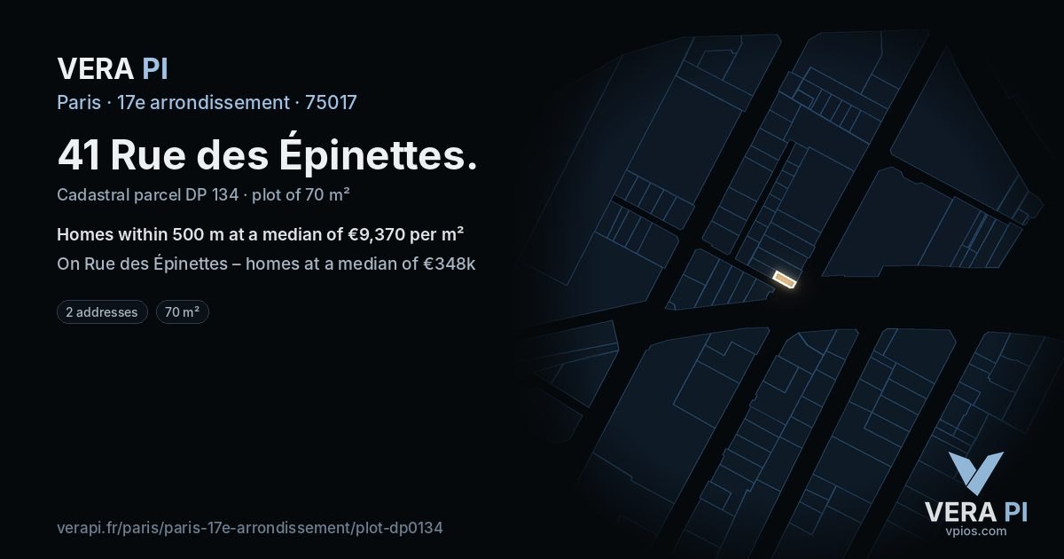 41 Rue des Épinettes, 17e arrondissement at night – the plot lit, the parcels around coloured by the prices near them