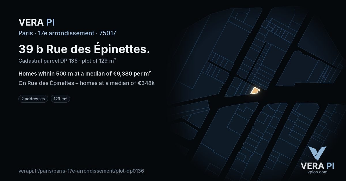 39 b Rue des Épinettes, 17e arrondissement at night – the plot lit, the parcels around coloured by the prices near them