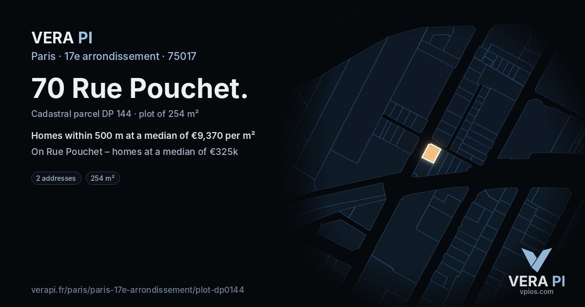 70 Rue Pouchet, 17e arrondissement at night – the plot lit, the parcels around coloured by the prices near them
