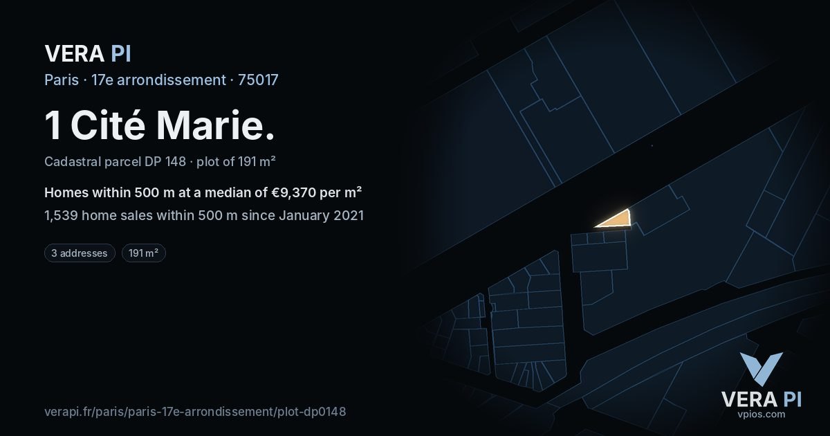 1 Cité Marie, 17e arrondissement at night – the plot lit, the parcels around coloured by the prices near them