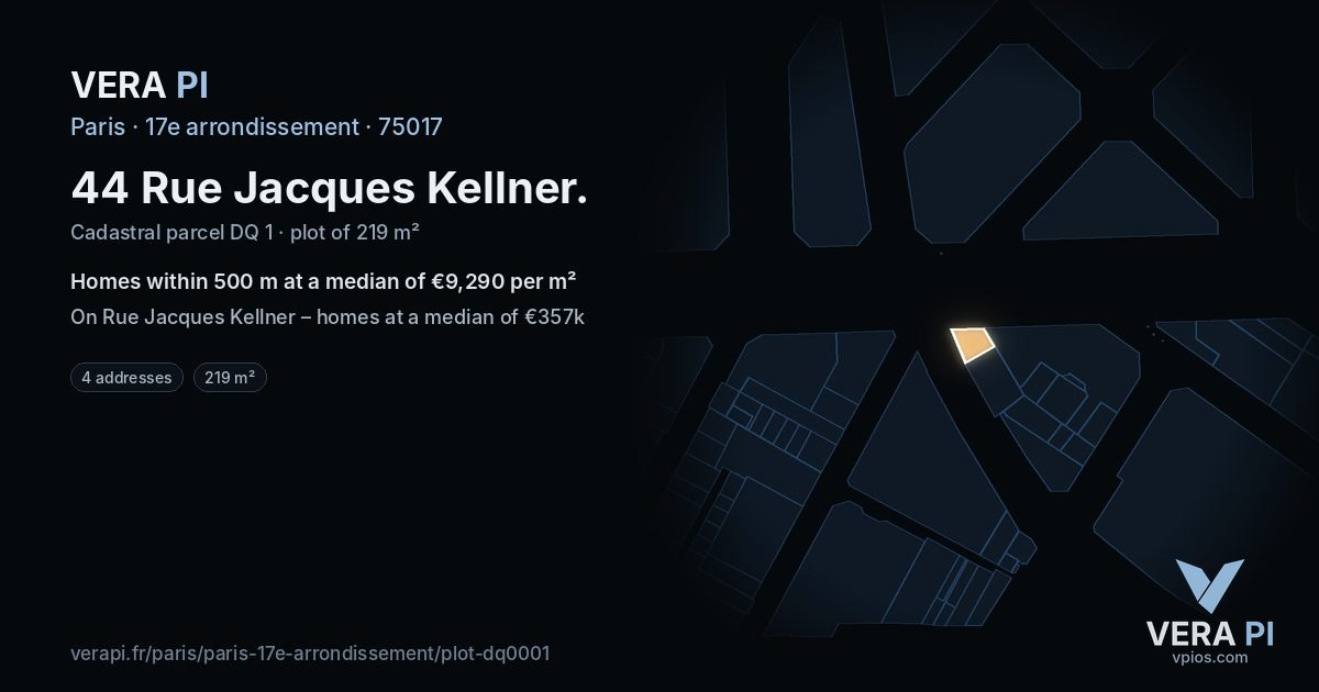 44 Rue Jacques Kellner, 17e arrondissement at night – the plot lit, the parcels around coloured by the prices near them