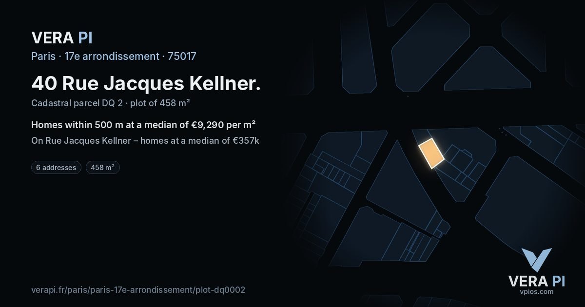 40 Rue Jacques Kellner, 17e arrondissement at night – the plot lit, the parcels around coloured by the prices near them