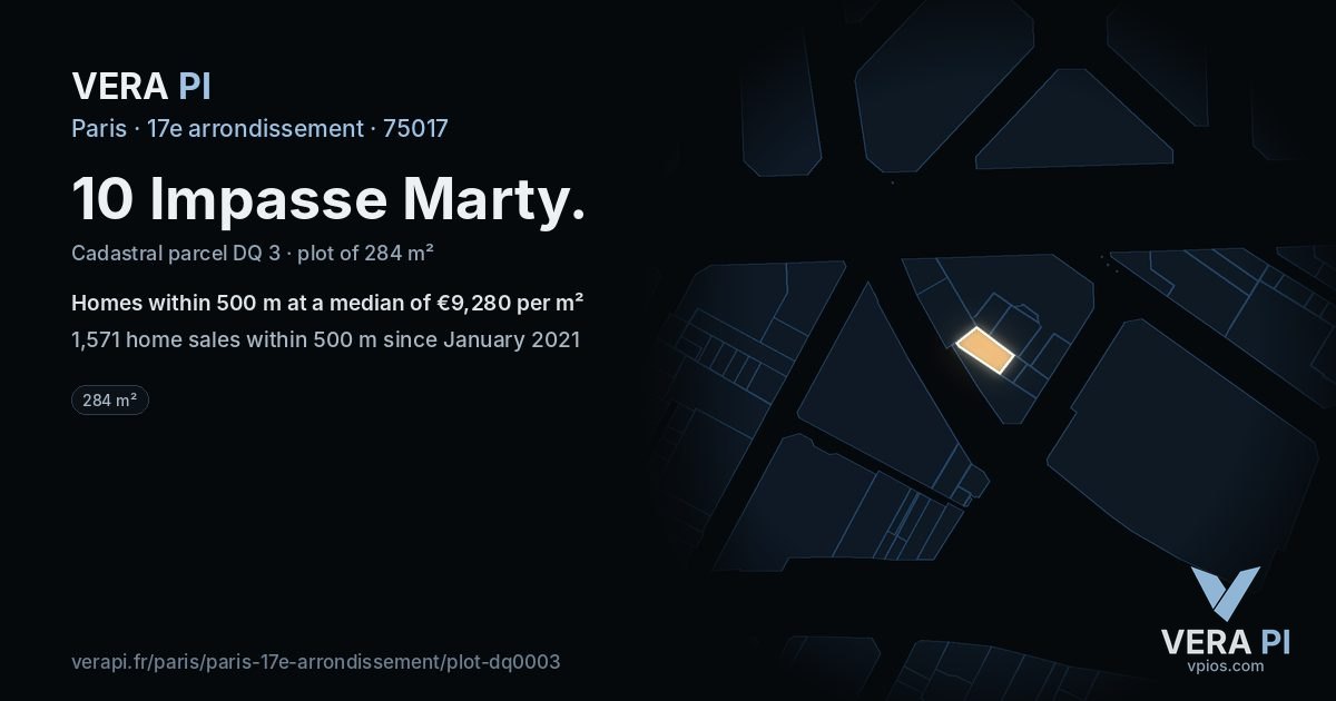 10 Impasse Marty, 17e arrondissement at night – the plot lit, the parcels around coloured by the prices near them