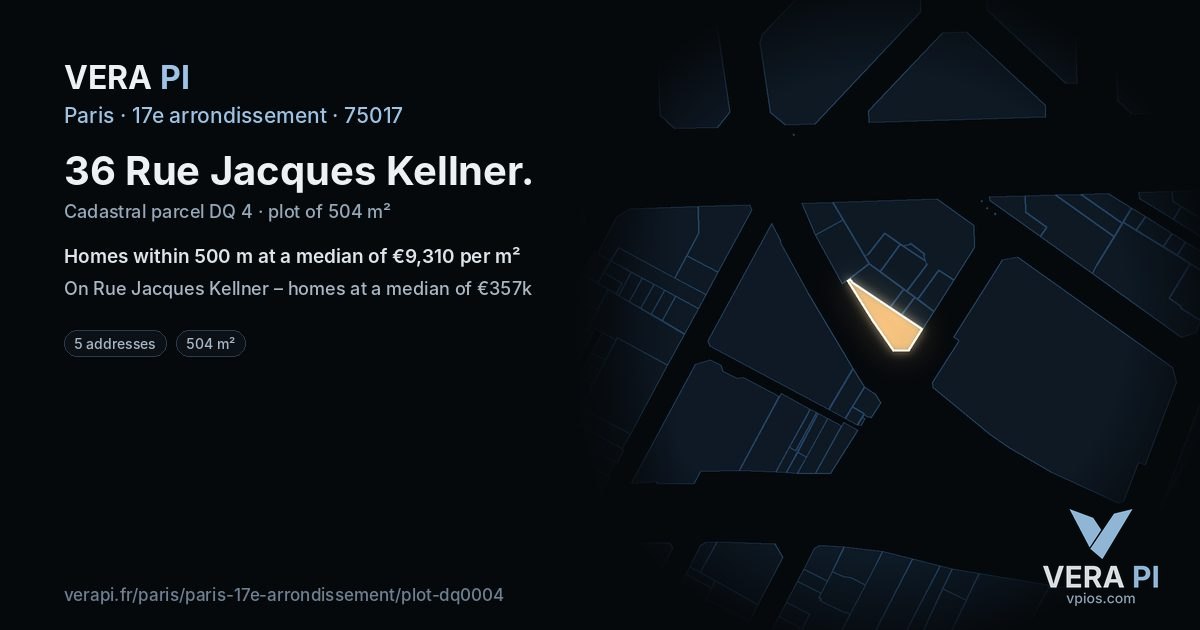 36 Rue Jacques Kellner, 17e arrondissement at night – the plot lit, the parcels around coloured by the prices near them