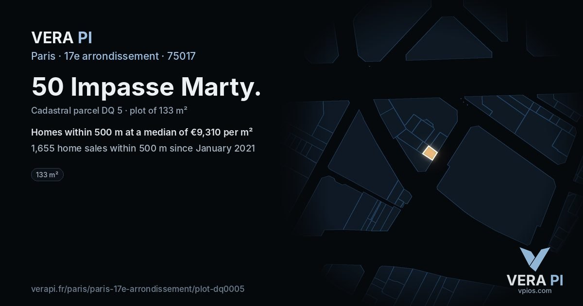 50 Impasse Marty, 17e arrondissement at night – the plot lit, the parcels around coloured by the prices near them