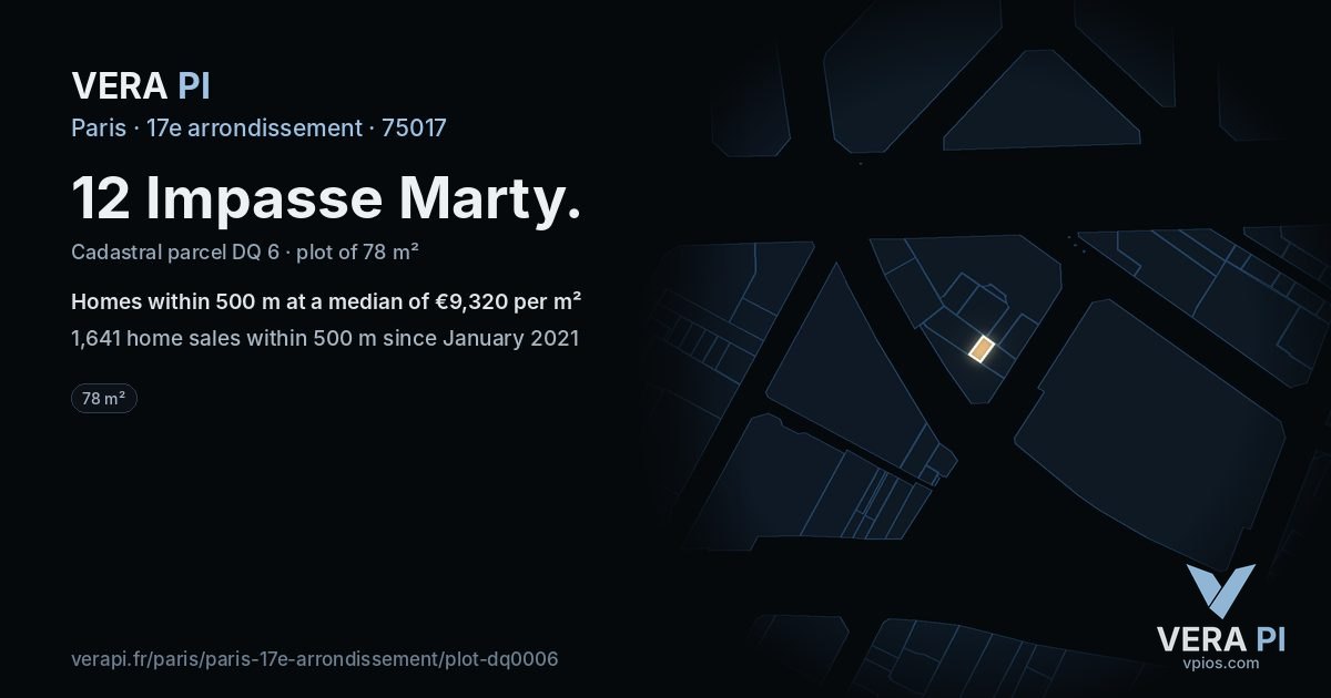 12 Impasse Marty, 17e arrondissement at night – the plot lit, the parcels around coloured by the prices near them