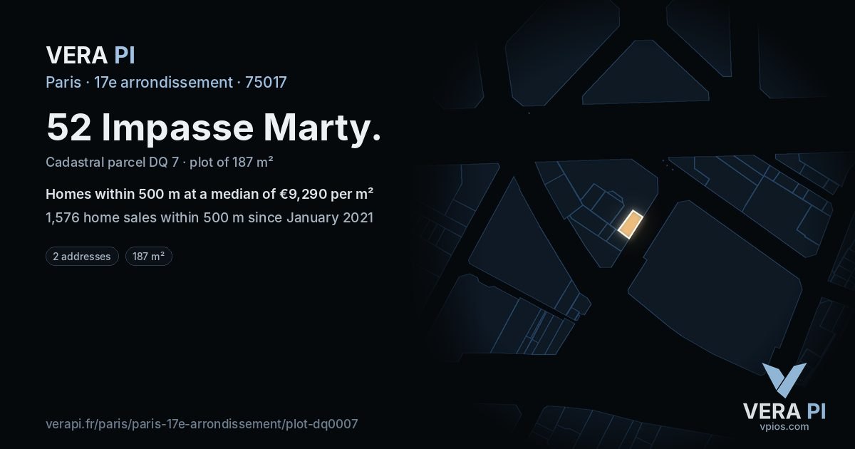 52 Impasse Marty, 17e arrondissement at night – the plot lit, the parcels around coloured by the prices near them