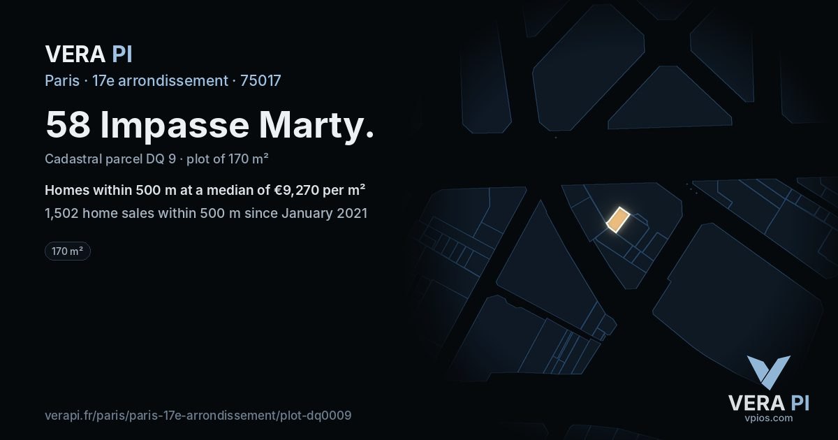 58 Impasse Marty, 17e arrondissement at night – the plot lit, the parcels around coloured by the prices near them