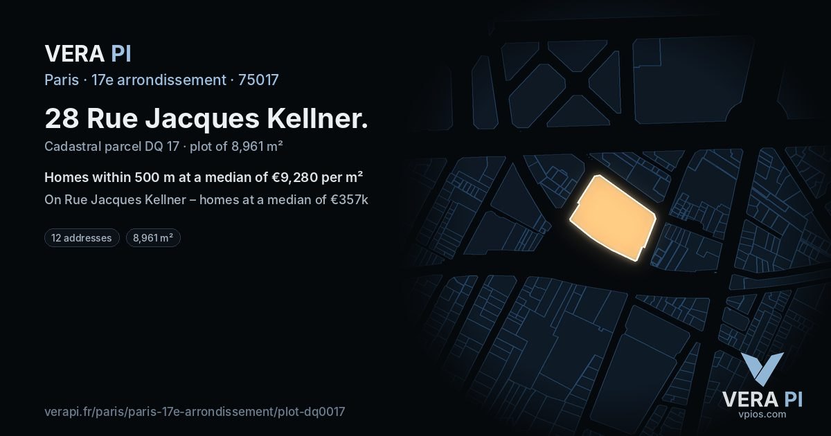 28 Rue Jacques Kellner, 17e arrondissement at night – the plot lit, the parcels around coloured by the prices near them