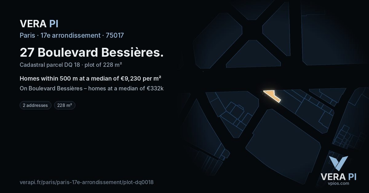 27 Boulevard Bessières, 17e arrondissement at night – the plot lit, the parcels around coloured by the prices near them