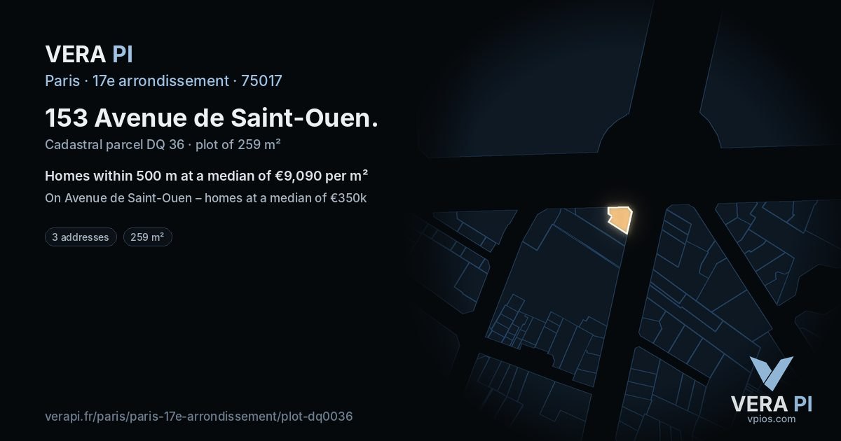 153 Avenue de Saint-Ouen, 17e arrondissement at night – the plot lit, the parcels around coloured by the prices near them