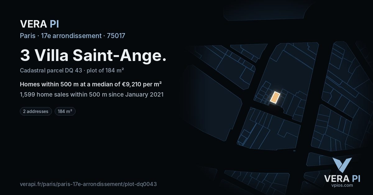 3 Villa Saint-Ange, 17e arrondissement at night – the plot lit, the parcels around coloured by the prices near them