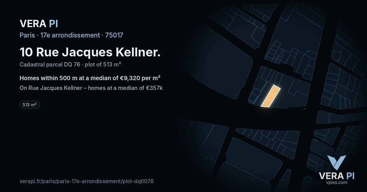 10 Rue Jacques Kellner, 17e arrondissement at night – the plot lit, the parcels around coloured by the prices near them