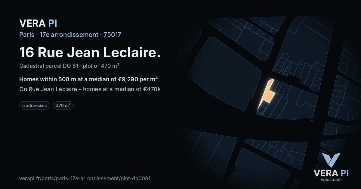 16 Rue Jean Leclaire, 17e arrondissement at night – the plot lit, the parcels around coloured by the prices near them