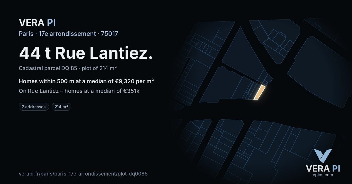 44 t Rue Lantiez, 17e arrondissement at night – the plot lit, the parcels around coloured by the prices near them