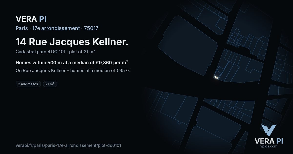 14 Rue Jacques Kellner, 17e arrondissement at night – the plot lit, the parcels around coloured by the prices near them