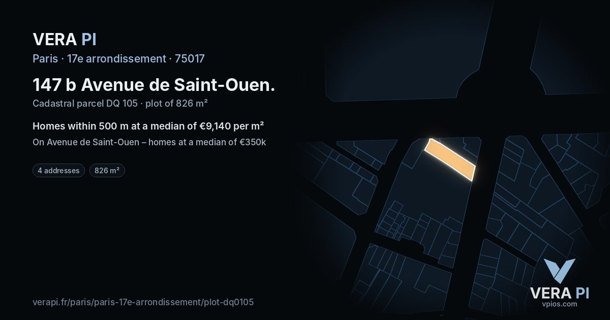 147 b Avenue de Saint-Ouen, 17e arrondissement at night – the plot lit, the parcels around coloured by the prices near them