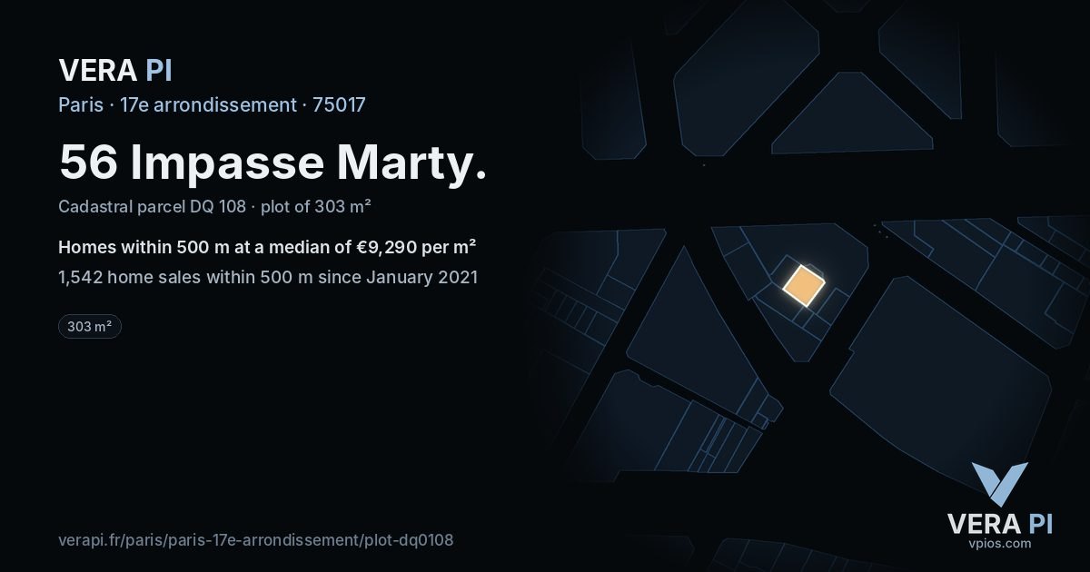 56 Impasse Marty, 17e arrondissement at night – the plot lit, the parcels around coloured by the prices near them
