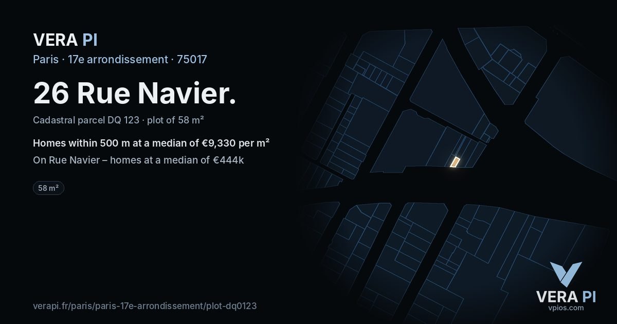 26 Rue Navier, 17e arrondissement at night – the plot lit, the parcels around coloured by the prices near them