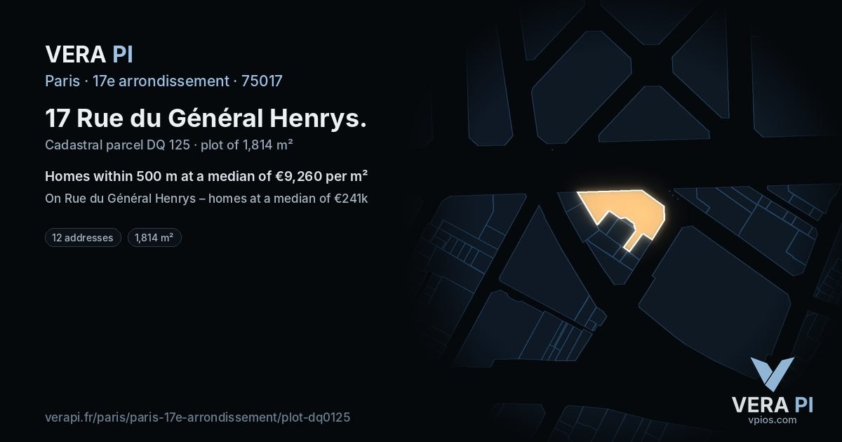 17 Rue du Général Henrys, 17e arrondissement at night – the plot lit, the parcels around coloured by the prices near them